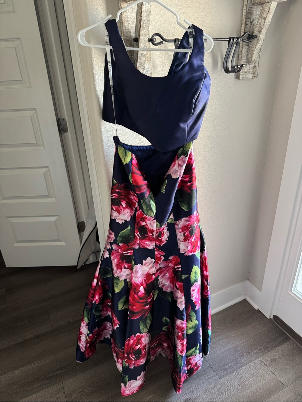 Blush Navy Floral A-Line Dress with Pink & Green Print